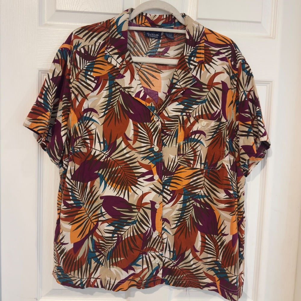 Gloria Vanderbilt Casuals Womens 1X Tropical Palm Leaf Button Down Shirt Orange
